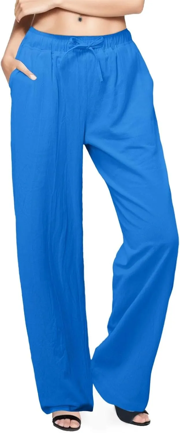 Women's Cotton Linen Summer Split Flowy Palazzo Pants Elastic Waisted Stretchy Straight Slim-Fit Palazzo Lounge