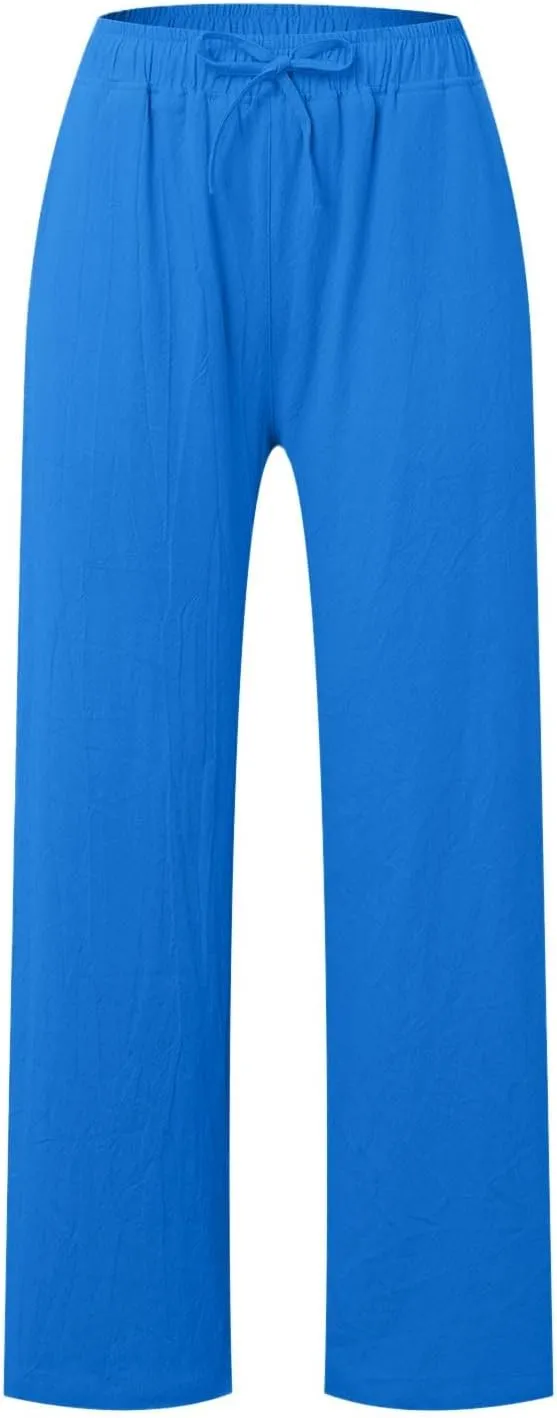 Women's Cotton Linen Summer Split Flowy Palazzo Pants Elastic Waisted Stretchy Straight Slim-Fit Palazzo Lounge