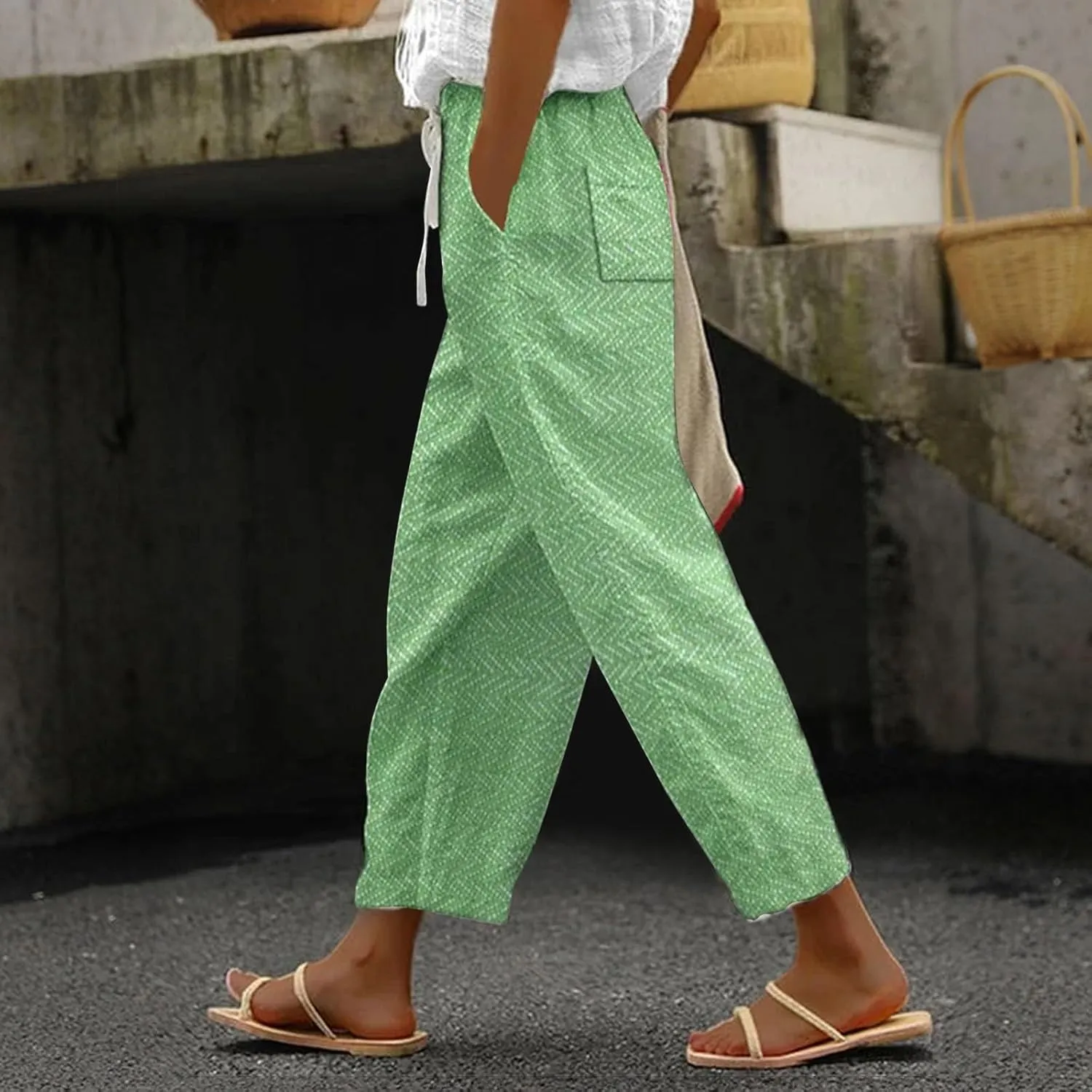 Women's Cropped Linen Capris with Pockets, Adjustable Waist Wide-Leg Trousers Beach Vacations Casual Outdoor