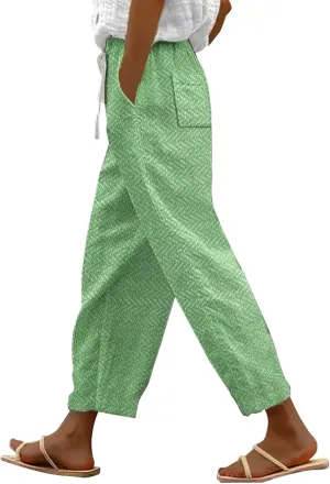 Women's Cropped Linen Capris with Pockets, Adjustable Waist Wide-Leg Trousers Beach Vacations Casual Outdoor