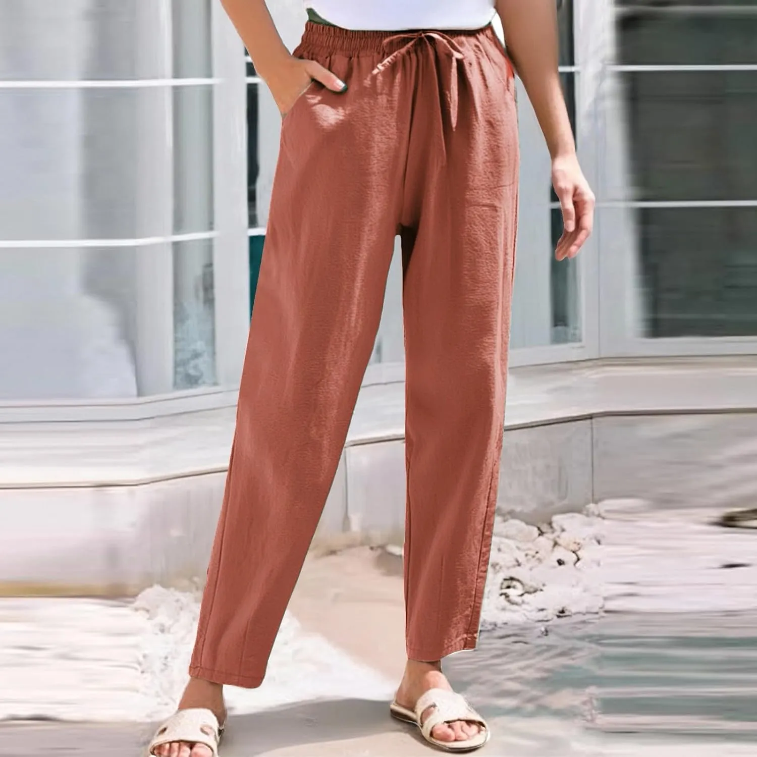 Womens Dress Pants Wide Leg High Waisted Cotton Linen Petite,Linen Sweatpants, Cargo Trousers with Pockets