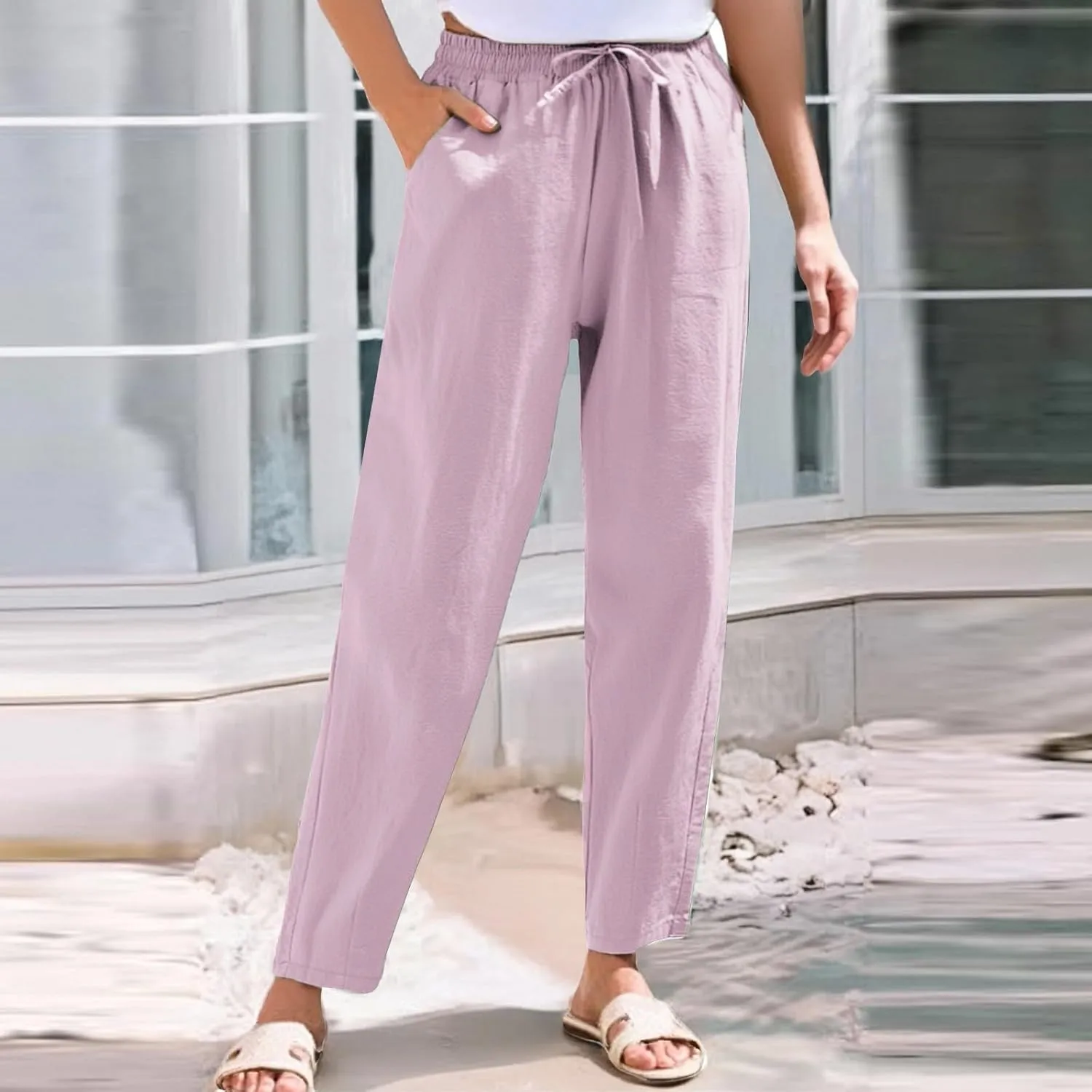Womens Dress Pants Wide Leg High Waisted Cotton Linen Petite,Linen Sweatpants, Cargo Trousers with Pockets