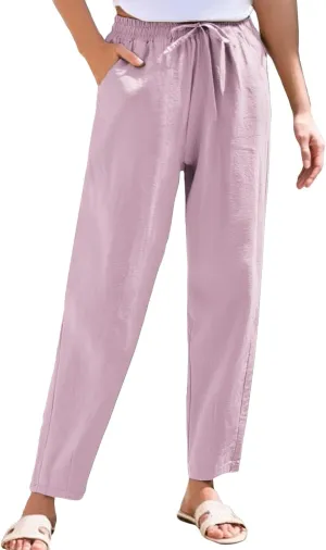 Womens Dress Pants Wide Leg High Waisted Cotton Linen Petite,Linen Sweatpants, Cargo Trousers with Pockets