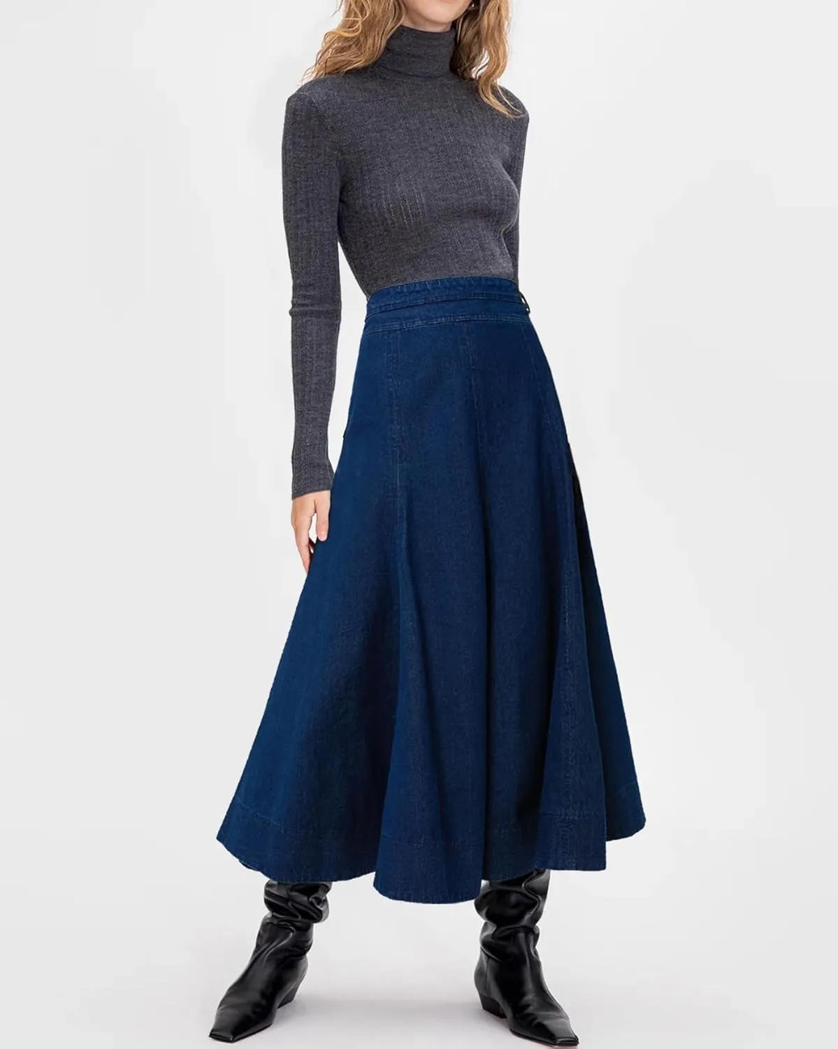 Women's Flowy Denim Skirts A Line High Waist Pleated Long Maxi Midi Flare Jean Skirts