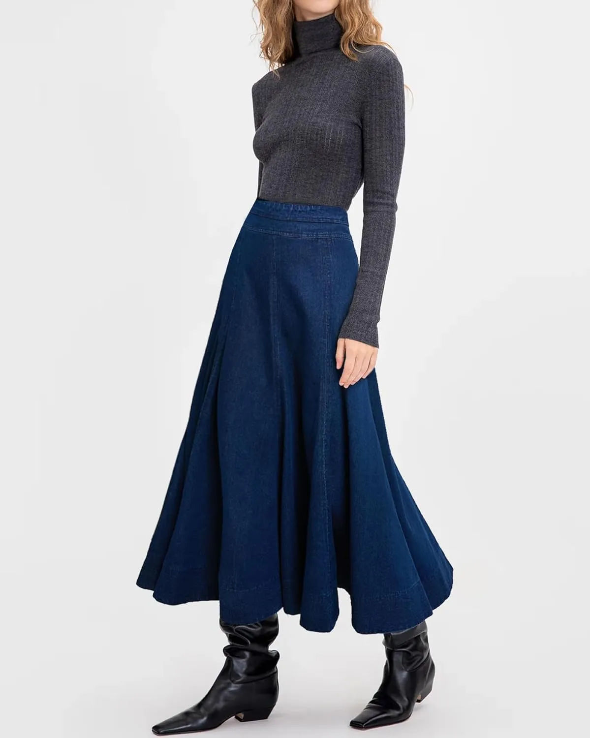 Women's Flowy Denim Skirts A Line High Waist Pleated Long Maxi Midi Flare Jean Skirts