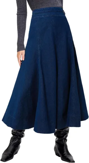 Women's Flowy Denim Skirts A Line High Waist Pleated Long Maxi Midi Flare Jean Skirts