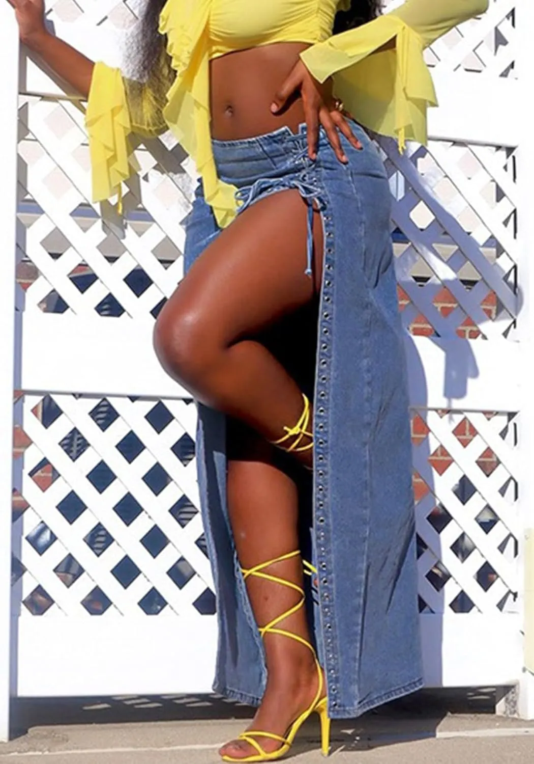 Women's High Split Long Denim Skirt Sexy Tie Knot High Waisted Stretchy Trendy Irregular Jean Skirts Streetwear