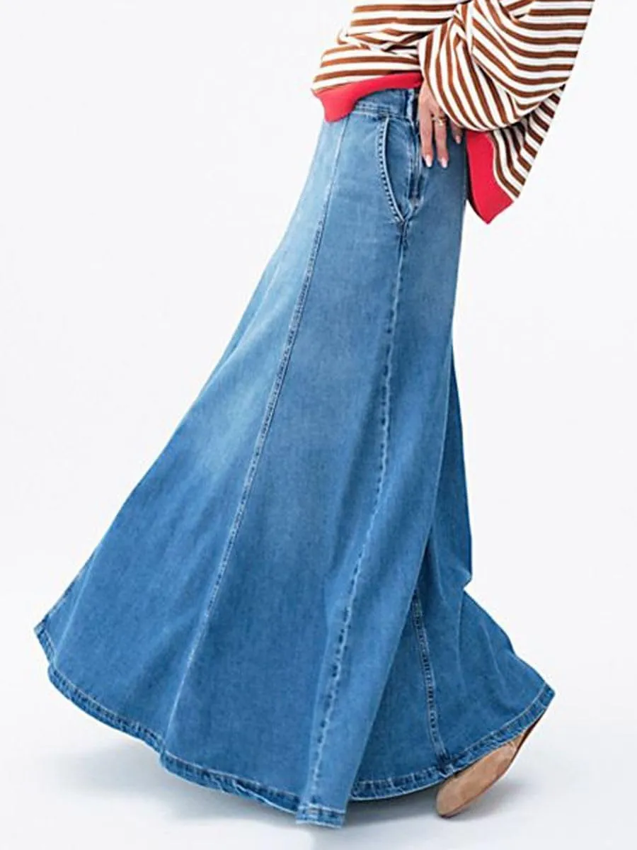 Women's High Waist Long Denim Skirts Plus Size Swing A Line Full Length Maxi Jean Skirts with Pockets