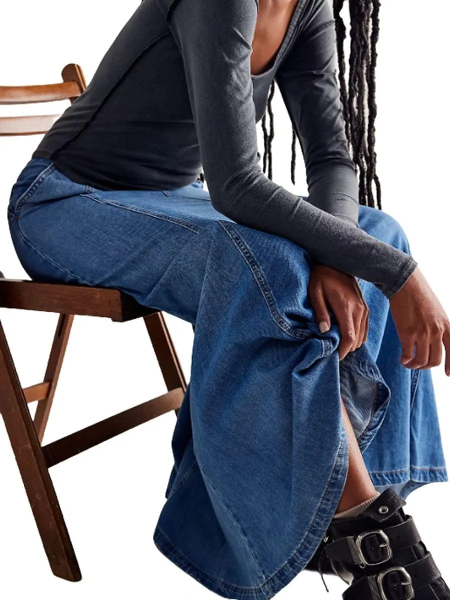 Women's High Waist Long Denim Skirts Plus Size Swing A Line Full Length Maxi Jean Skirts with Pockets