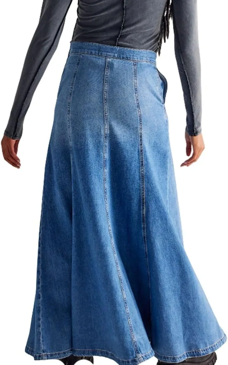 Women's High Waist Long Denim Skirts Plus Size Swing A Line Full Length Maxi Jean Skirts with Pockets
