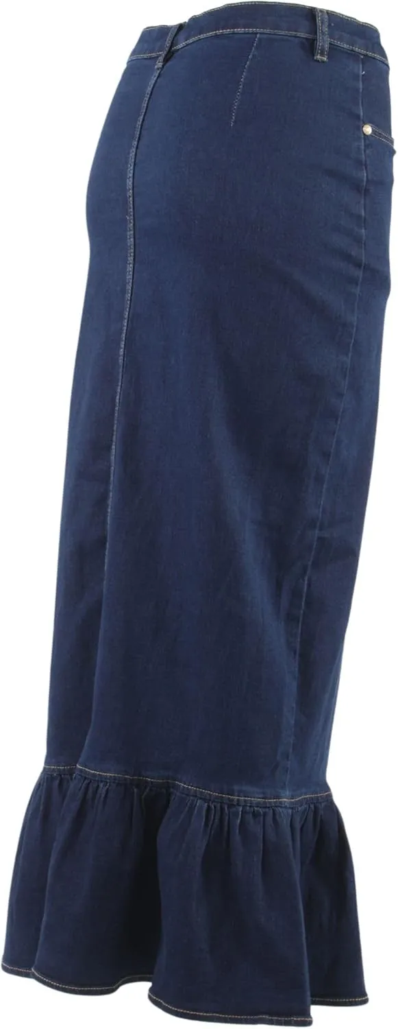 Women's Juniors Button-Down Design Ruffled Maxi Denim Skirt (224-SKT)