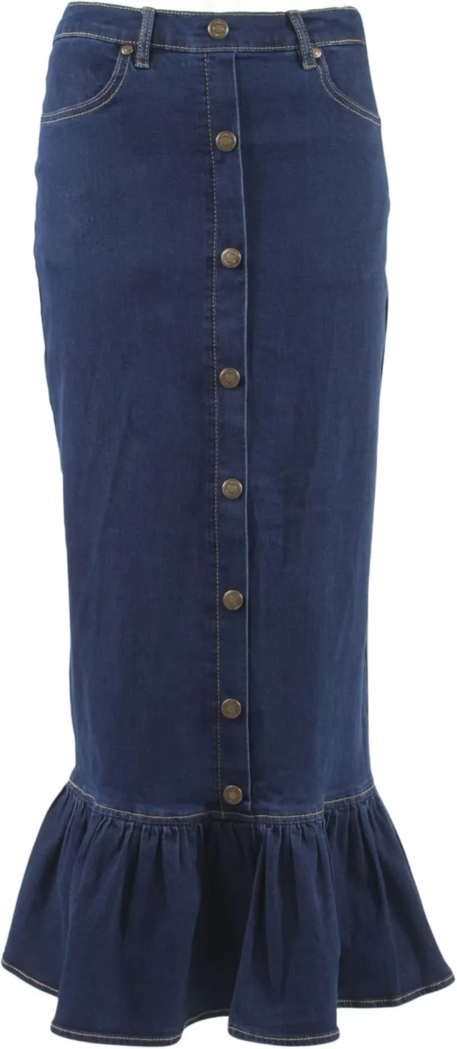Women's Juniors Button-Down Design Ruffled Maxi Denim Skirt (224-SKT)
