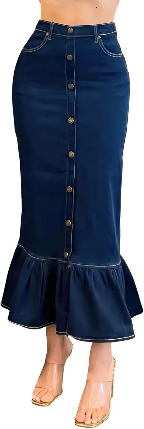 Women's Juniors Button-Down Design Ruffled Maxi Denim Skirt (224-SKT)