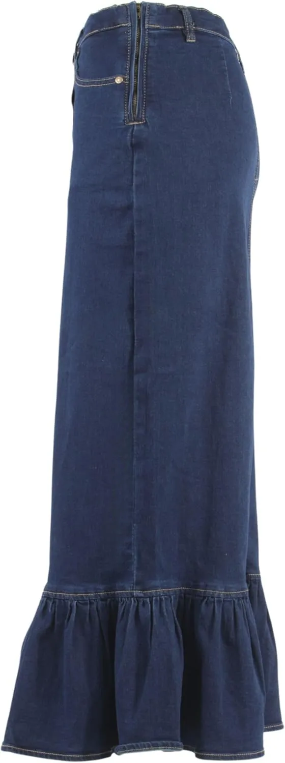 Women's Juniors Button-Down Design Ruffled Maxi Denim Skirt (224-SKT)