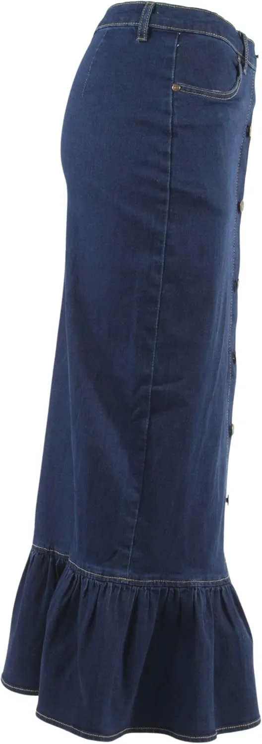 Women's Juniors Button-Down Design Ruffled Maxi Denim Skirt (224-SKT)