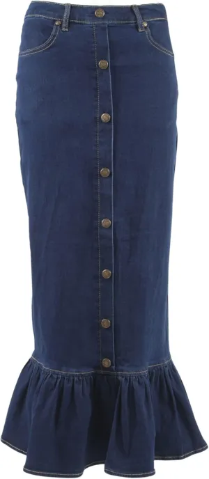 Women's Juniors Button-Down Design Ruffled Maxi Denim Skirt (224-SKT)