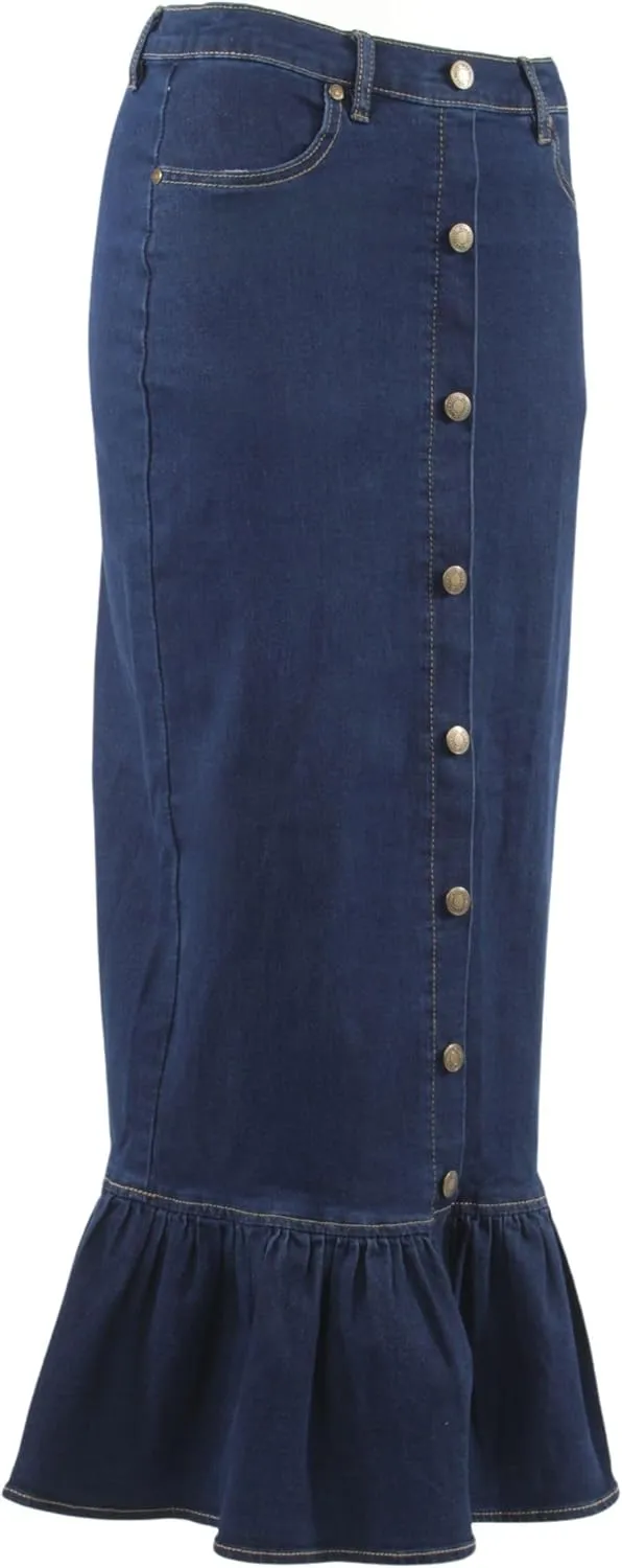 Women's Juniors Button-Down Design Ruffled Maxi Denim Skirt (224-SKT)