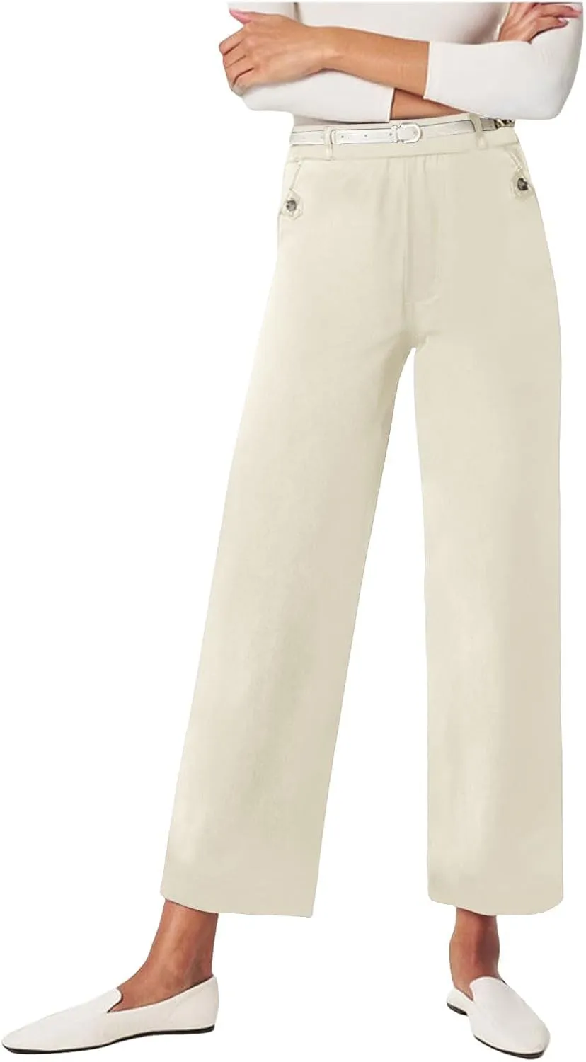 Women's Linen Blend Summer Drawstring Palazzo Pants Elastic Waist Stretchy Slim Fit Pants Trendy