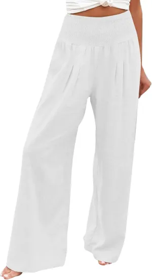 Women's Linen Blend Summer Flowy Palazzo Lounge Pants Elastic Waisted Stretchy Straight Plus Size Palazzo