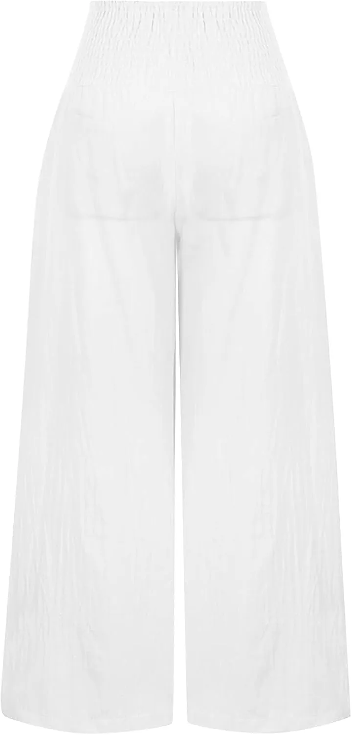 Women's Linen Blend Summer Flowy Palazzo Lounge Pants Elastic Waisted Stretchy Straight Plus Size Palazzo