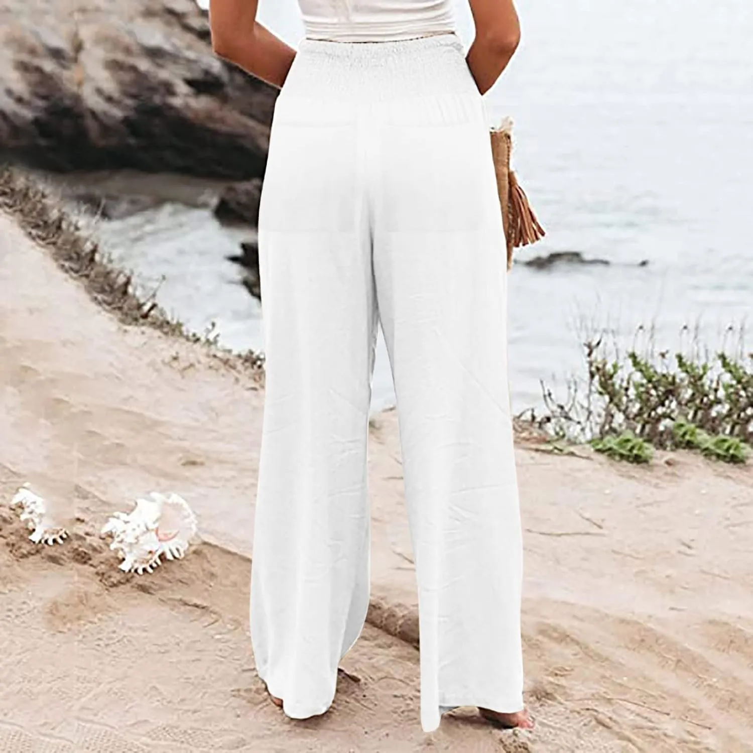Women's Linen Blend Summer Flowy Palazzo Lounge Pants Elastic Waisted Stretchy Straight Plus Size Palazzo