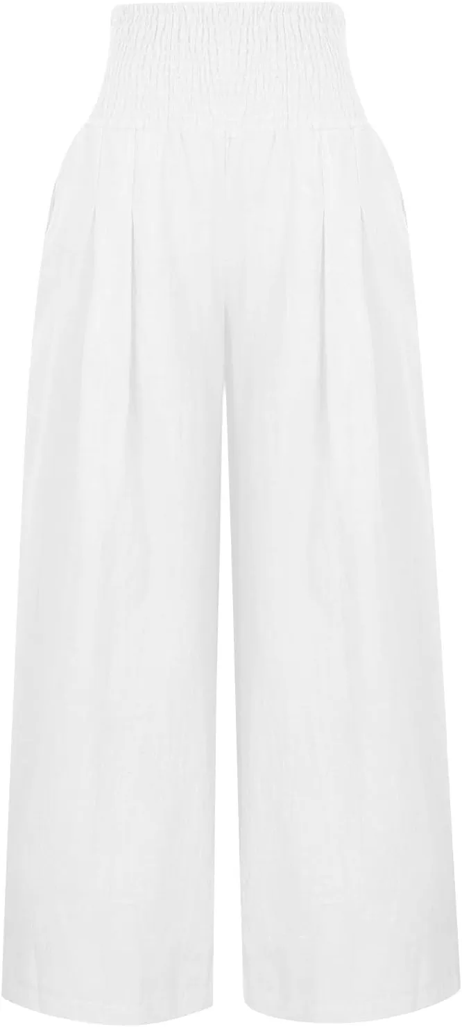 Women's Linen Blend Summer Flowy Palazzo Lounge Pants Elastic Waisted Stretchy Straight Plus Size Palazzo