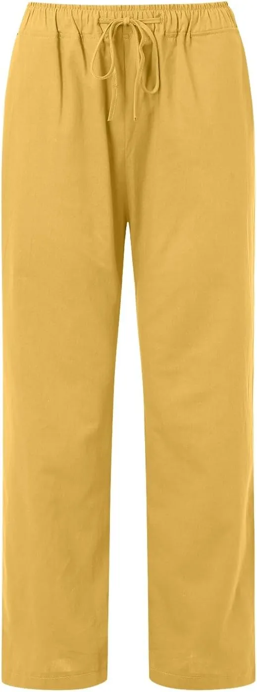 Womens Linen Blend Summer Letter Patched Palazzo Lounge Pants Elastic Waist Wide Leg Slim Fit Palazzo