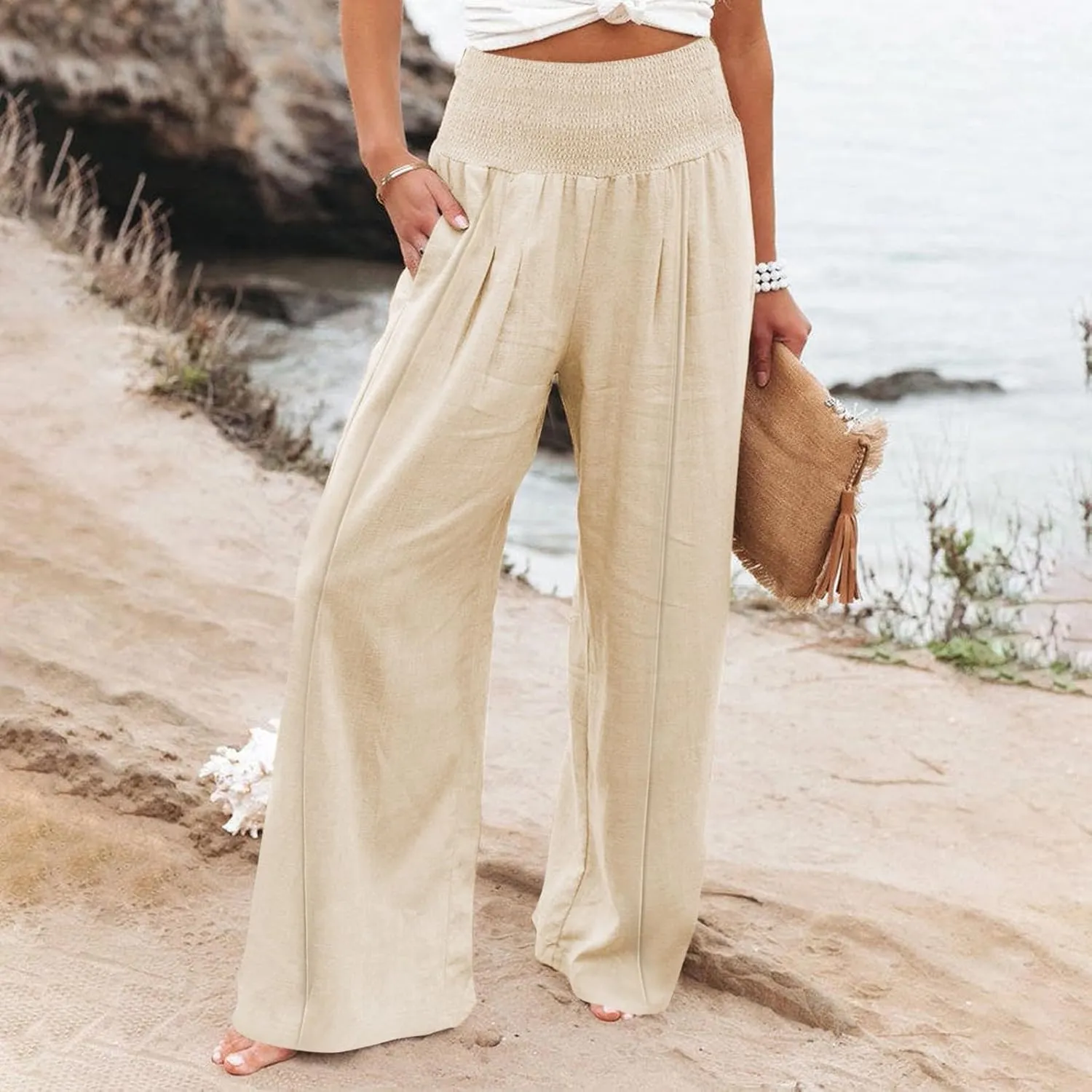 Women's Linen Blend Summer Palazzo Palazzo Pants High Waist Straight Slim Fit Pants Business Work