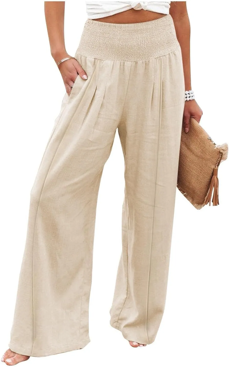Women's Linen Blend Summer Palazzo Palazzo Pants High Waist Straight Slim Fit Pants Business Work