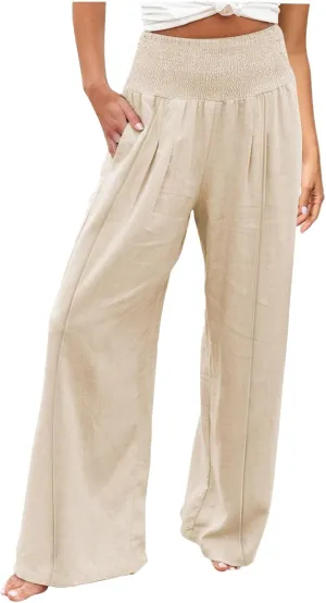 Women's Linen Blend Summer Palazzo Palazzo Pants High Waist Straight Slim Fit Pants Business Work