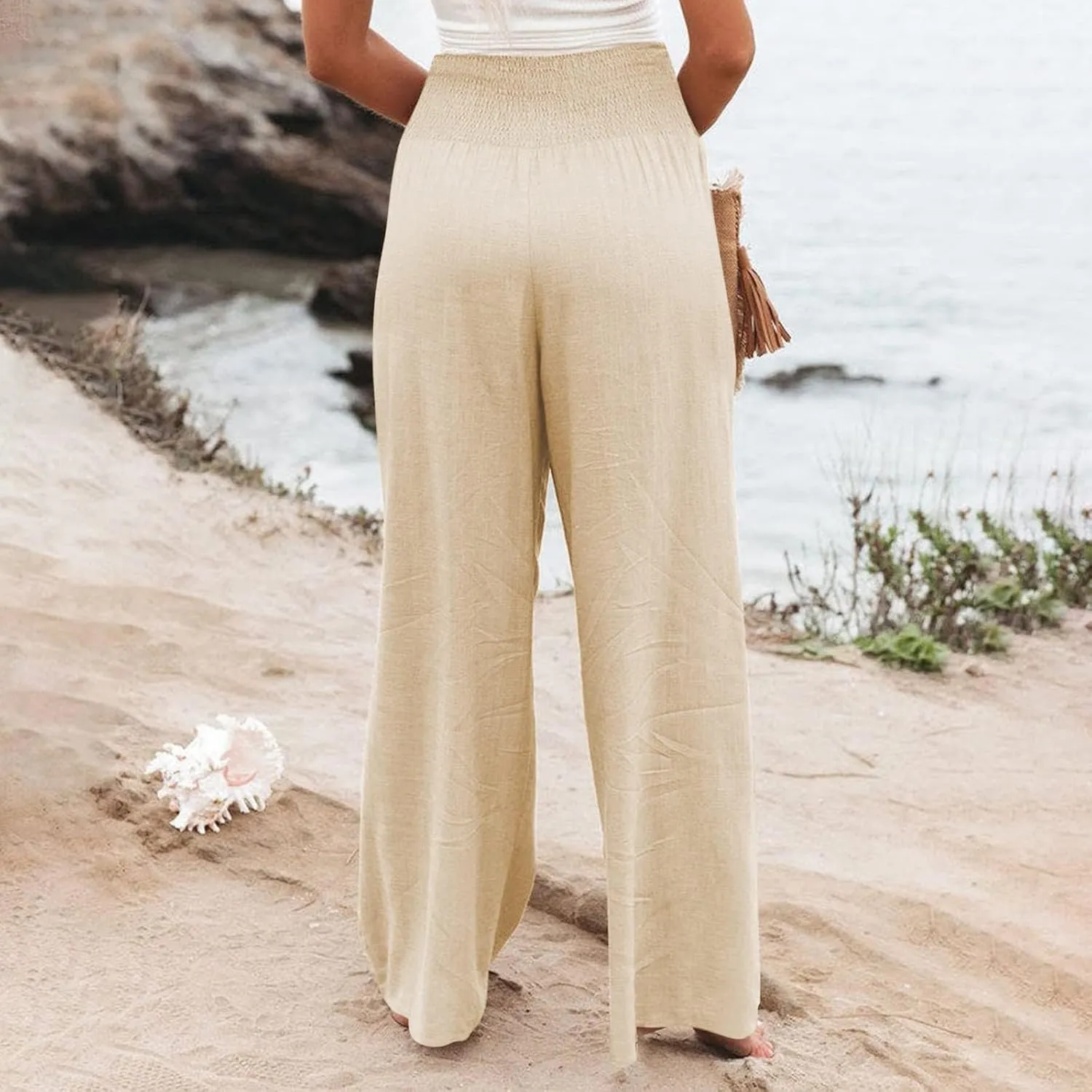 Women's Linen Blend Summer Palazzo Palazzo Pants High Waist Straight Slim Fit Pants Business Work
