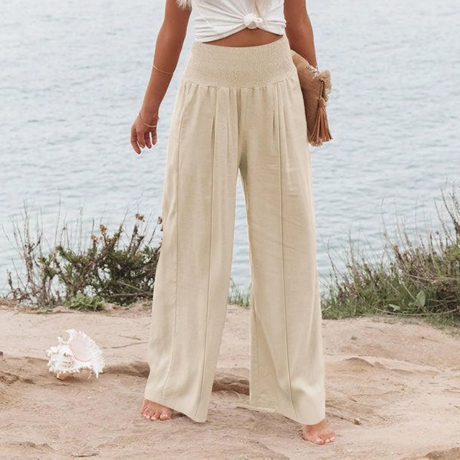 Women's Linen Blend Summer Palazzo Palazzo Pants High Waist Straight Slim Fit Pants Business Work