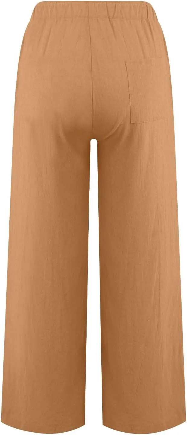 Women's Linen Blend Summer Pull On Pants Low Waist Ankle Length Slim Fit Trousers Travel