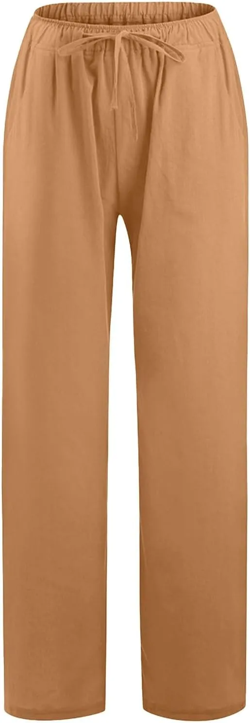 Women's Linen Blend Summer Pull On Pants Low Waist Ankle Length Slim Fit Trousers Travel