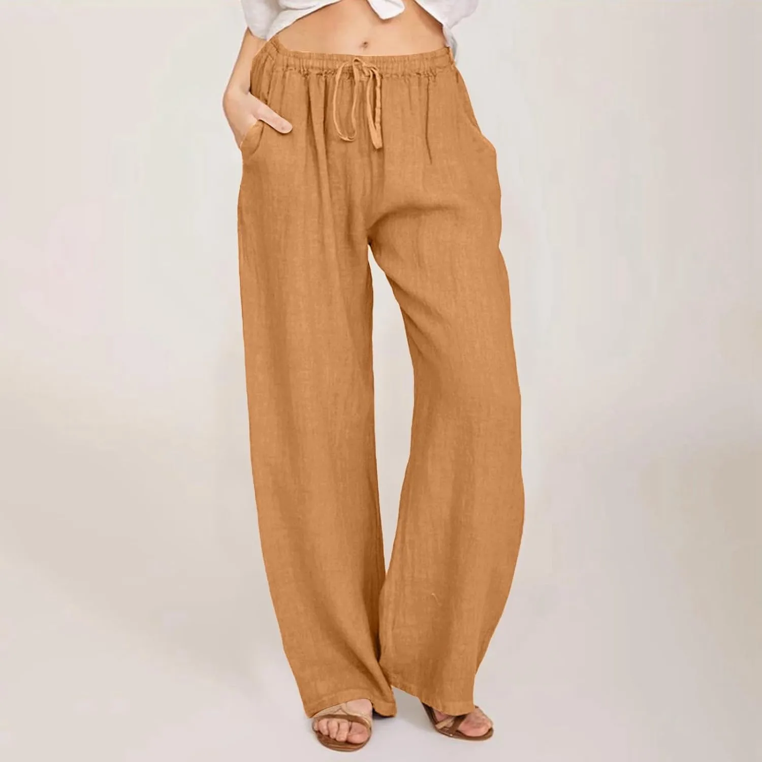 Women's Linen Blend Summer Pull On Pants Low Waist Ankle Length Slim Fit Trousers Travel