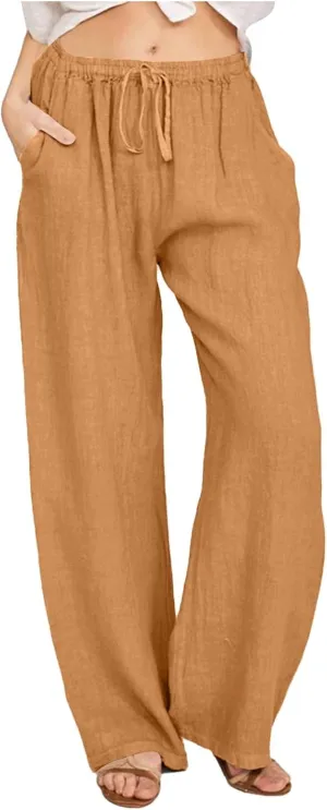 Women's Linen Blend Summer Pull On Pants Low Waist Ankle Length Slim Fit Trousers Travel