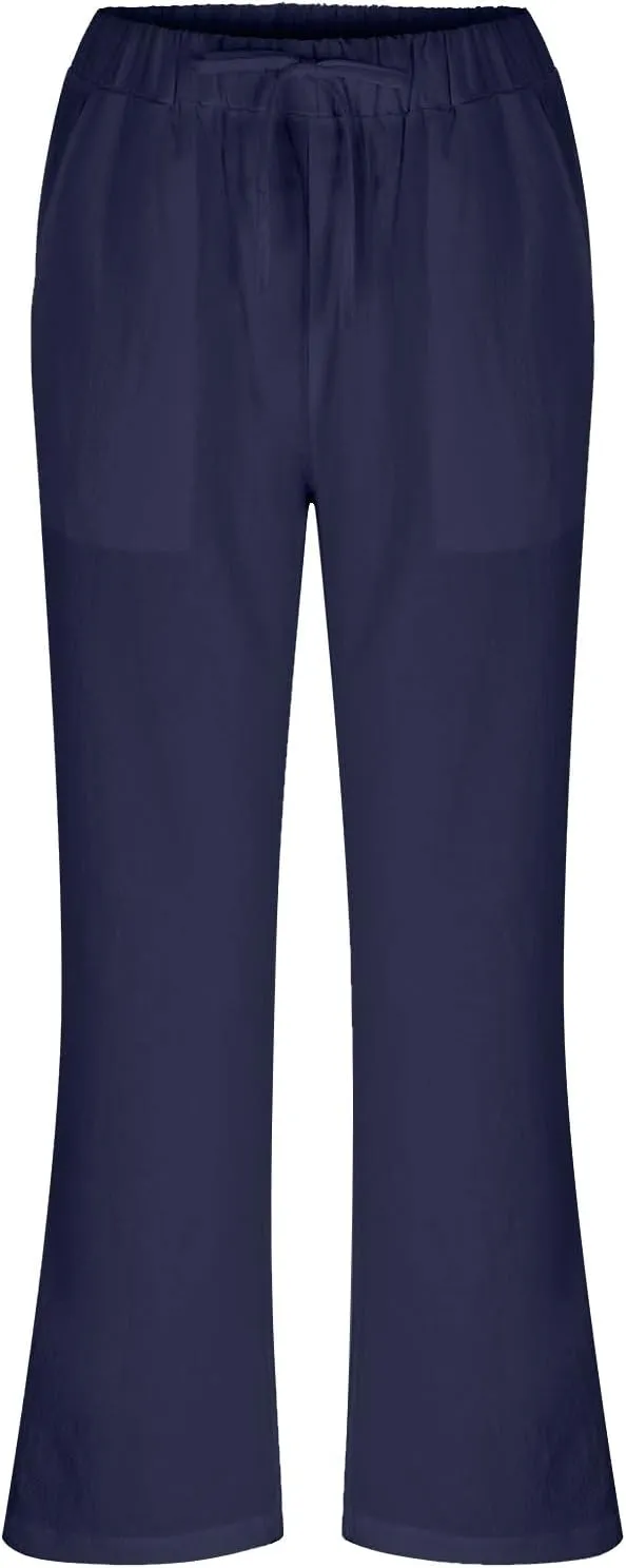 Womens Linen Blend Summer Y2K Fashion Palazzo Lounge Pants Elastic Waist Stretchy Slim Fit Trouser Business Work