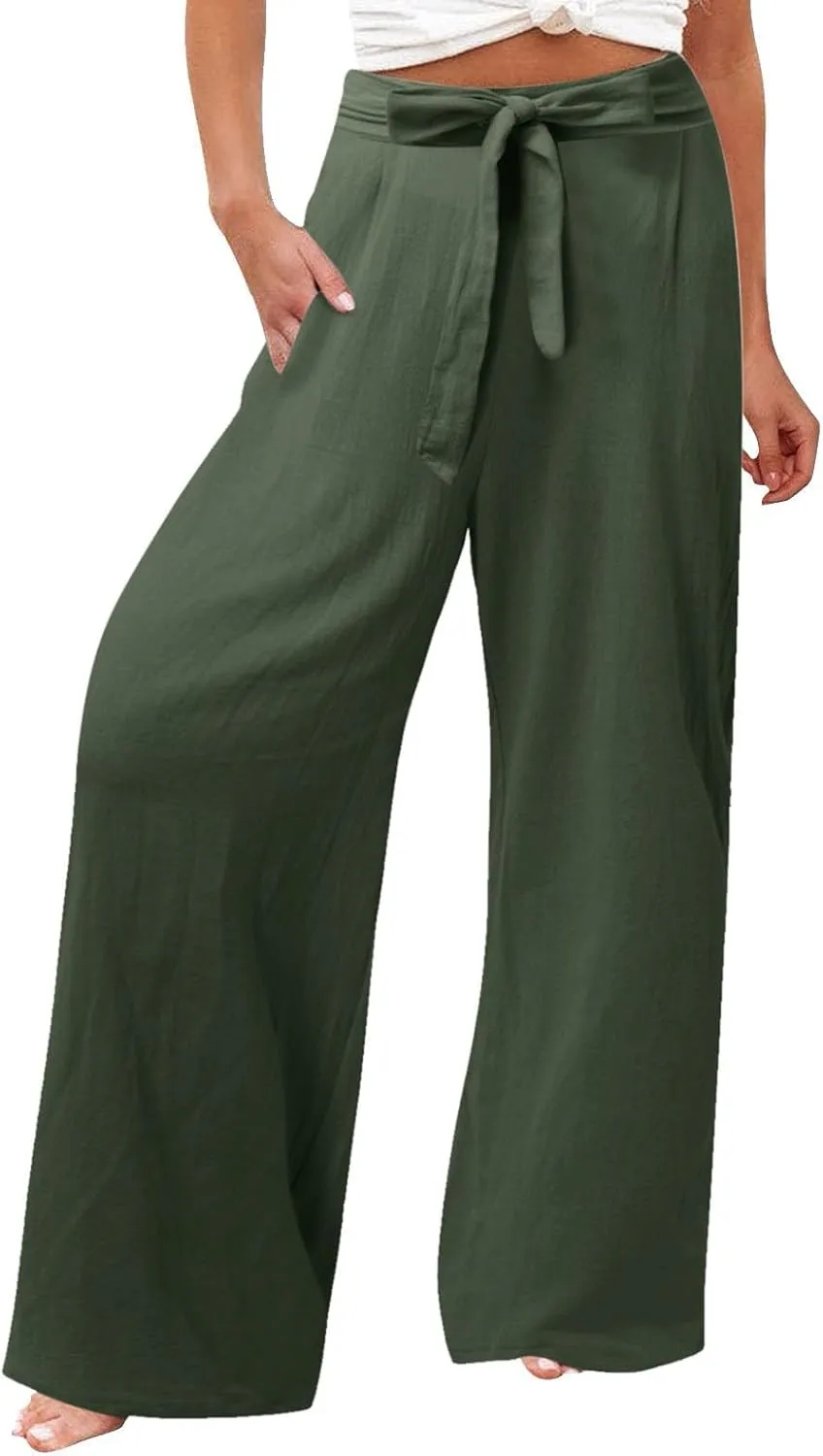 Womens Linen Blend Summer Y2K Streetwear Palazzo Pants Elastic Waist Bootcut Slim-Fit Trousers Beach