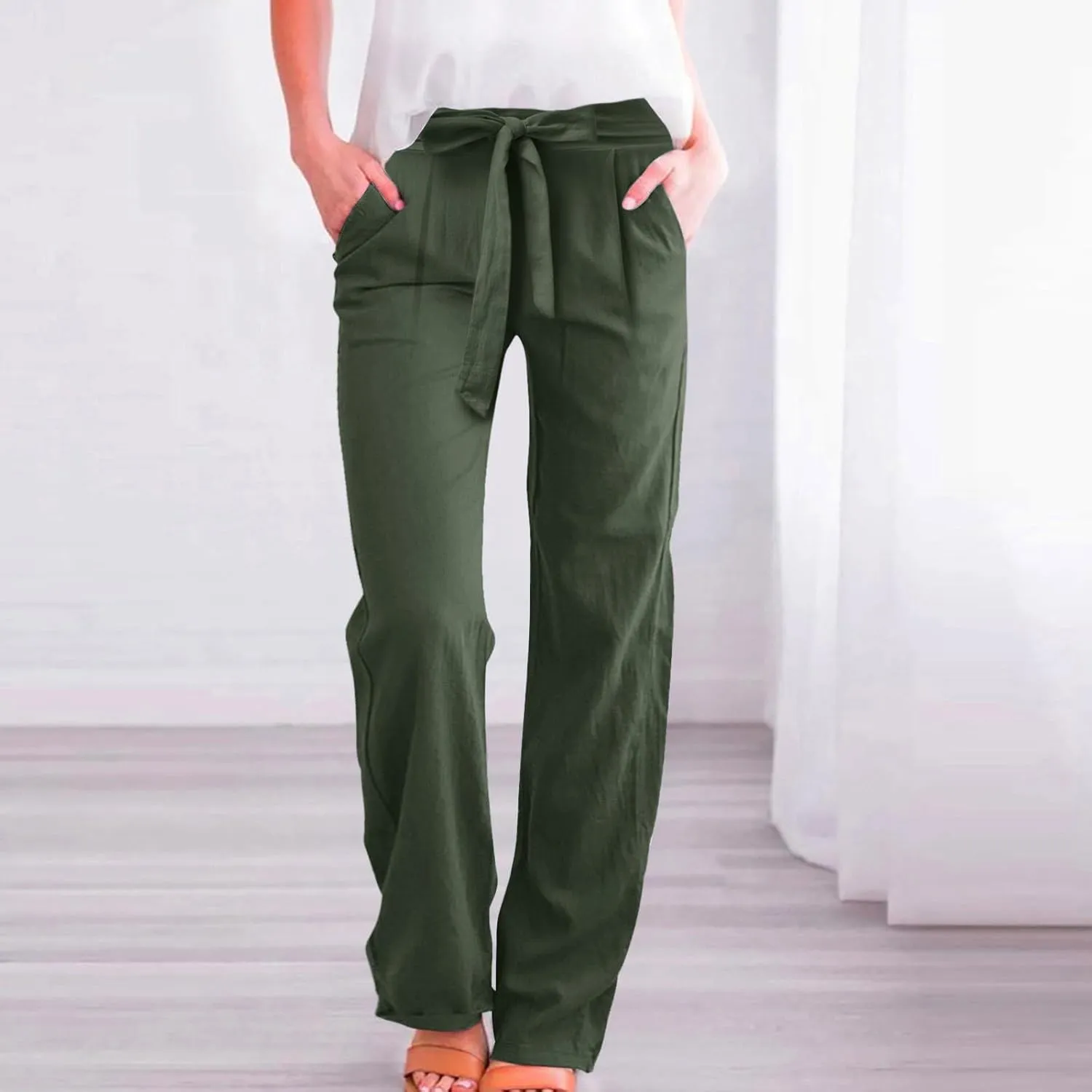 Womens Linen Blend Summer Y2K Streetwear Palazzo Pants Elastic Waist Bootcut Slim-Fit Trousers Beach