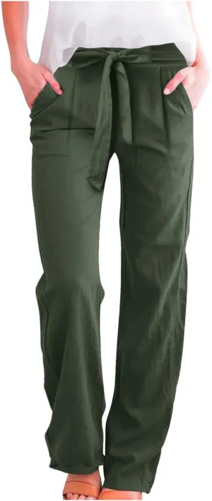 Womens Linen Blend Summer Y2K Streetwear Palazzo Pants Elastic Waist Bootcut Slim-Fit Trousers Beach