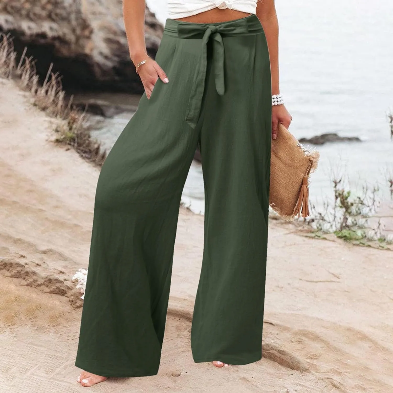 Womens Linen Blend Summer Y2K Streetwear Palazzo Pants Elastic Waist Bootcut Slim-Fit Trousers Beach
