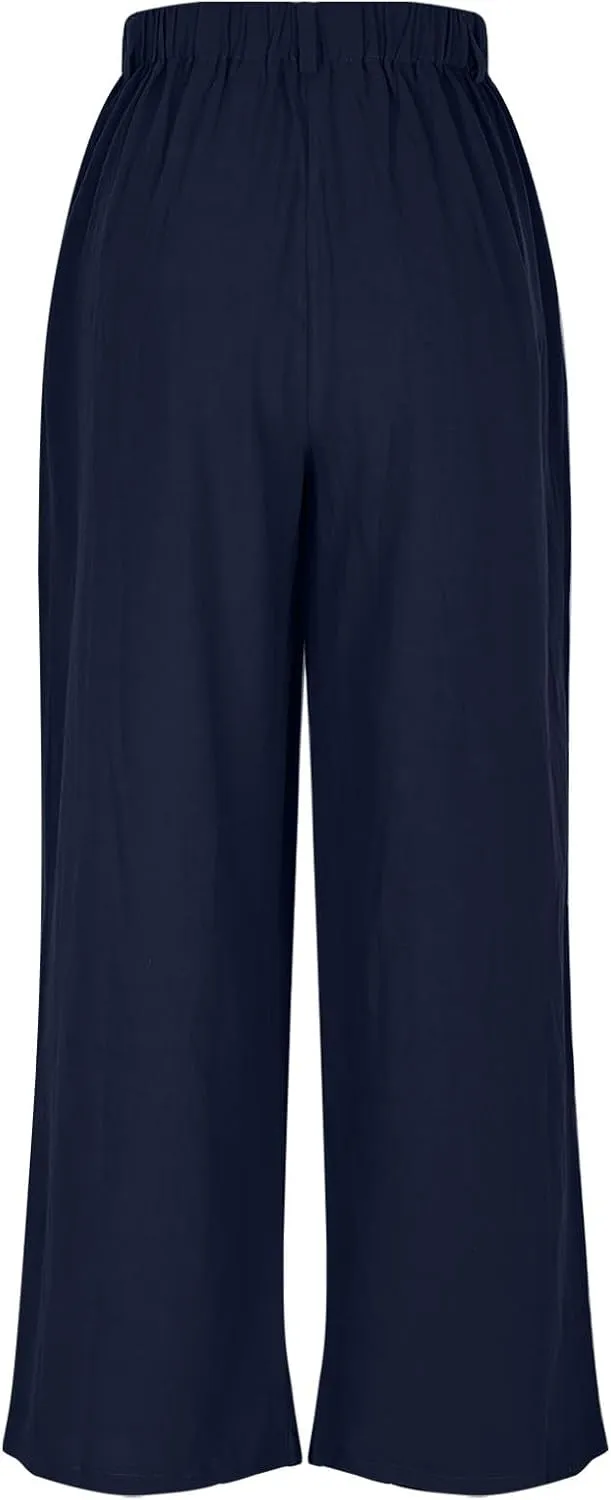 Womens Linen Pants Dressy Casual High Waisted Cropped Palazzo Pants Ladies Summer Wide Leg Trousers with Pockets