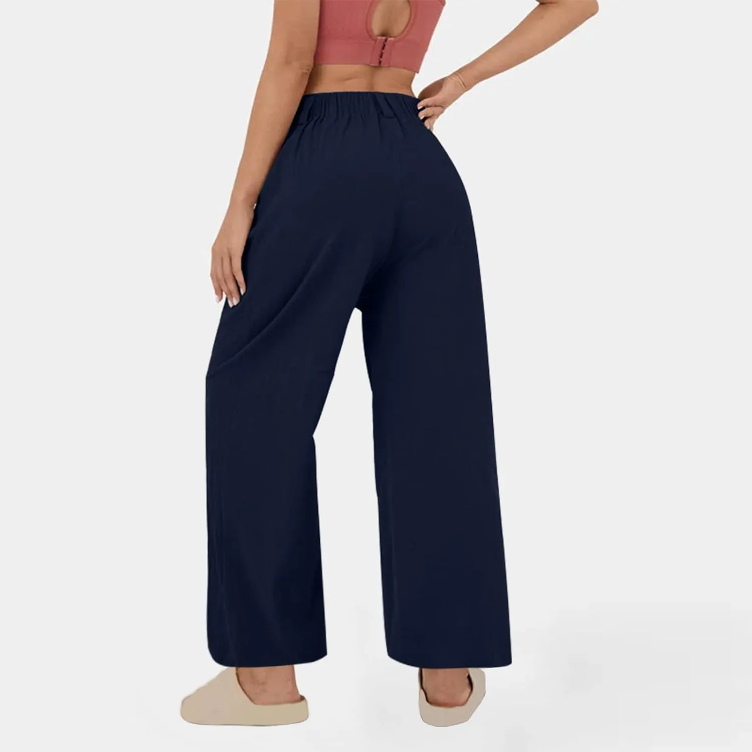 Womens Linen Pants Dressy Casual High Waisted Cropped Palazzo Pants Ladies Summer Wide Leg Trousers with Pockets