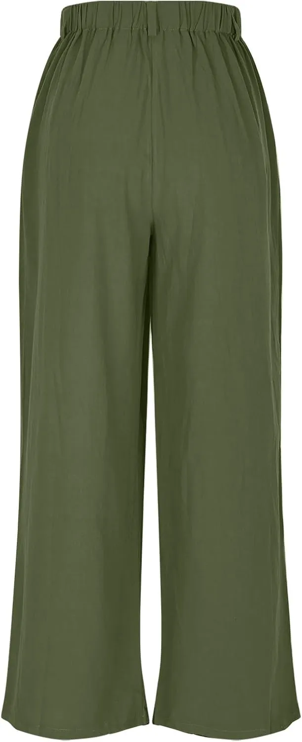 Womens Linen Pants Dressy Casual High Waisted Cropped Palazzo Pants Ladies Summer Wide Leg Trousers with Pockets
