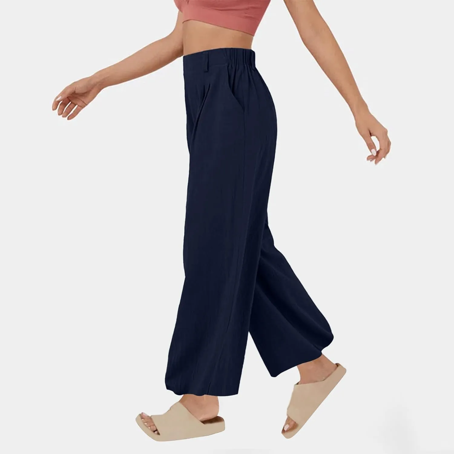 Womens Linen Pants Dressy Casual High Waisted Cropped Palazzo Pants Ladies Summer Wide Leg Trousers with Pockets