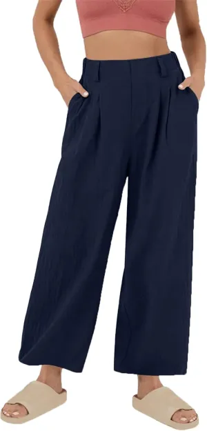 Womens Linen Pants Dressy Casual High Waisted Cropped Palazzo Pants Ladies Summer Wide Leg Trousers with Pockets