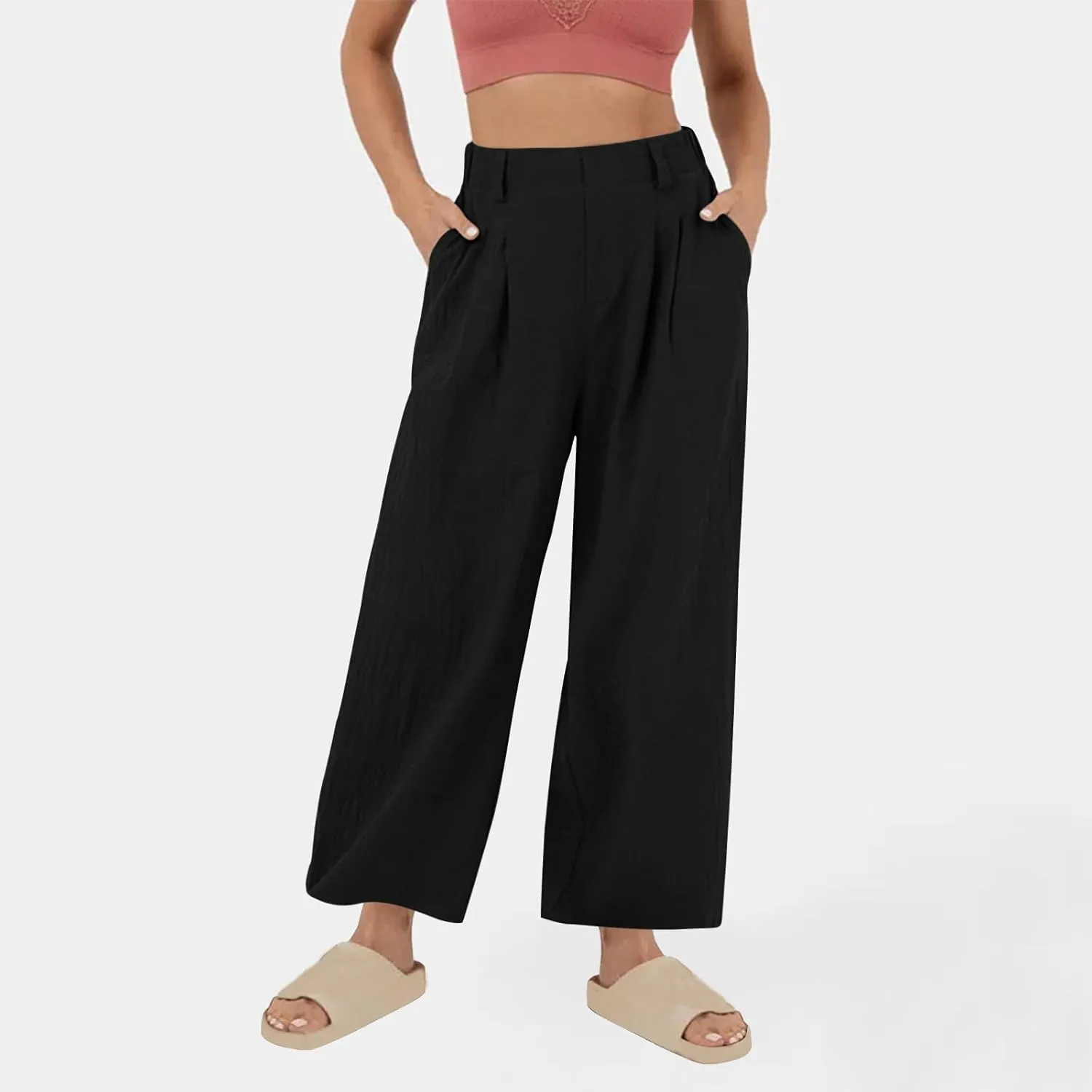 Womens Linen Pants Dressy Casual High Waisted Cropped Palazzo Pants Ladies Summer Wide Leg Trousers with Pockets
