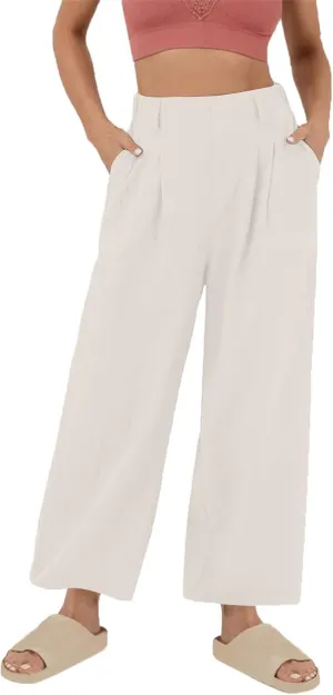 Womens Linen Pants Dressy Casual High Waisted Cropped Palazzo Pants Ladies Summer Wide Leg Trousers with Pockets