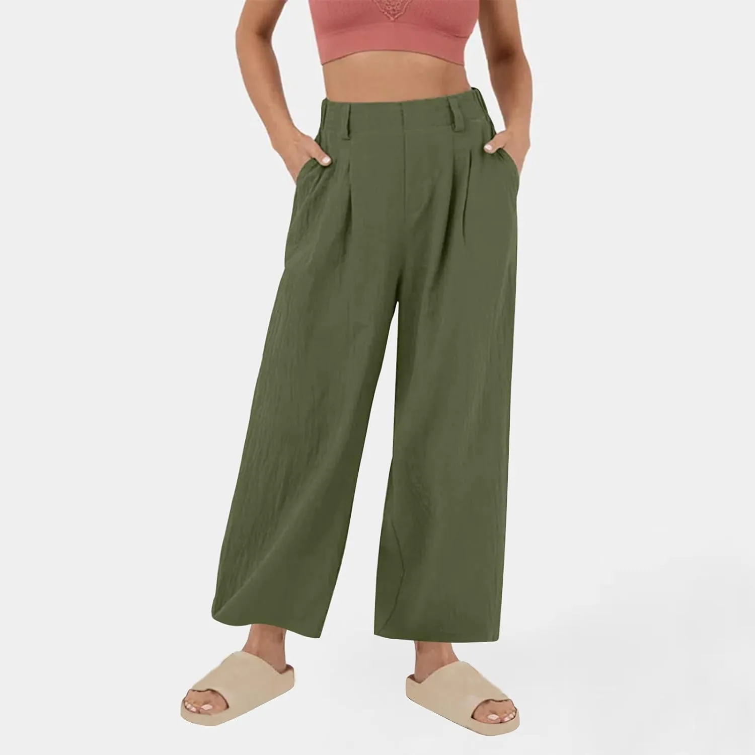 Womens Linen Pants Dressy Casual High Waisted Cropped Palazzo Pants Ladies Summer Wide Leg Trousers with Pockets