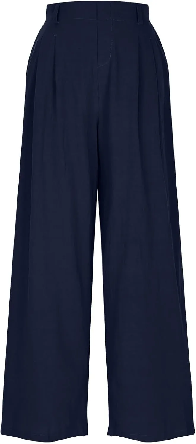Womens Linen Pants Dressy Casual High Waisted Cropped Palazzo Pants Ladies Summer Wide Leg Trousers with Pockets